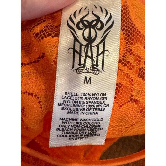 HAH Hot As Hell Bodysuit Women Medium Orange Sheer Lace Mesh Mama Jen - Picture 11 of 12